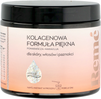 Remé kolagenowa formuła piękna pomarańcza-marakuja w czarnym słoiku z etykietą pomarańczowego gradientu, widok z góry.