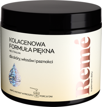 Czarne opakowanie suplementu Kolagenowa Formuła Piękna René dla skóry, włosów i paznokci, widok z przodu.