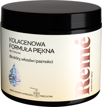 Czarne opakowanie suplementu Kolagenowa Formuła Piękna René dla skóry, włosów i paznokci, widok z przodu.
