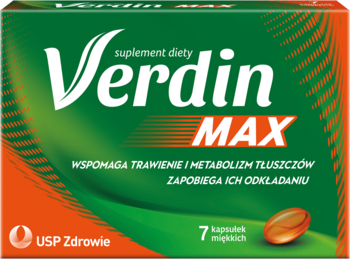 Przód zielono-pomarańczowego opakowania Verdin Max, suplementu diety wspierającego trawienie, z widoczną kapsułką.