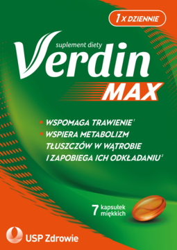 Zielono-pomarańczowe opakowanie suplementu diety Verdin MAX, wspierającego trawienie i metabolizm tłuszczów.