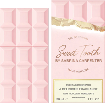 Sweet Tooth Eau de Parfum by Sabrina Carpenter. Pink chocolate bar-shaped bottle with its light pink packaging.