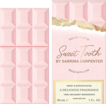 Sweet Tooth Eau de Parfum by Sabrina Carpenter. Pink chocolate bar-shaped bottle with its light pink packaging.