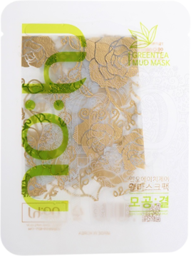 NO:HJ Texture Mask, Green Tea Mud Mask w białej saszetce ze złotymi różami i zielonym napisem, widok z przodu.