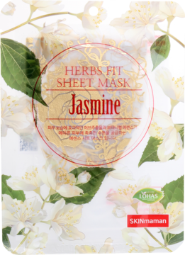 Nawilżająca koreańska maska do twarzy w płachcie Herbs Fit Jasmine, opakowanie z białymi kwiatami jaśminu.