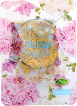 Koreańska maska do twarzy w płachcie no:hJ Hortensia. Różowe tło z kwiatami, złoty ornament.