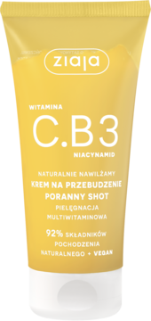 Żółty krem Ziaja Witamina C.B3 Poranny Shot w tubce, widok z przodu, z napisem 92% składników naturalnych.