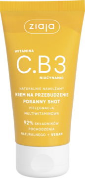 Żółta tuba kremu Ziaja Naturalnie Nawilżamy C.B3 Niacynamid 'Poranny Shot', z witaminą C, widok z przodu.