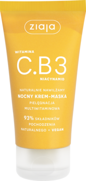 Ziaja Naturalnie Nawilżamy, nocny krem-maska z witaminą C.B3 Niacynamid w żółtej tubce, widok z przodu.