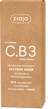 Ziaja Aktywne Serum Nawilżające Witaminy C.B3 Niacynamid w brązowym kartonowym opakowaniu, widok z przodu.