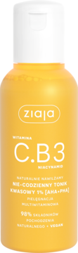 Żółty tonik Ziaja C.B3 Niacynamid, kwasowy (AHA+PHA), butelka z białą nakrętką, widok z przodu.