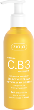 Ziaja żel oczyszczający z witaminą C.B3 niacynamid, w żółtej butelce z białą pompką, widok z przodu.