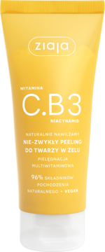 Ziaja peeling do twarzy w żelu z witaminą C i B3, w żółtej tubce z białą nakrętką, widok z przodu.