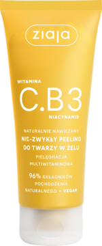 Żółta tuba Ziaja Witamina C.B3 Niacynamid peeling do twarzy w żelu, 96% naturalny, widok z przodu.