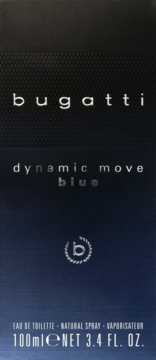 Ciemnoniebieskie opakowanie zapachu Bugatti Dynamic Move Blue EDT, z białym napisem i logo, 100ml, widok z przodu.