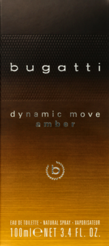 Pionowe opakowanie perfum Bugatti Dynamic Move Amber 100ml, brązowo-złoty gradient, widoczne napisy i logo.