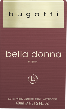 Ciemnobordowe pudełko perfum Bugatti Bella Donna Intensa 60ml o kwiatowym zapachu, widok z przodu.