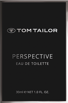 Tom Tailor Perspective Eau de Toilette w czarnym, prostokątnym opakowaniu z białymi napisami i srebrnym obrzeżem.