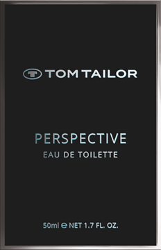 Tom Tailor Perspective Eau de Toilette w ciemnoszarym kartoniku z metaliczną ramką i niebieskimi napisami, widok z przodu.