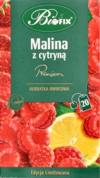 Biofix Premium Malina z cytryną herbatka owocowa. Zielone opakowanie z dołem pełnym malin i cytryn.