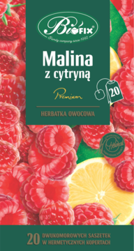 Front opakowania herbatki owocowej ekspresowej BioFix Malina z cytryną Premium, 20 saszetek w hermetycznych kopertach.