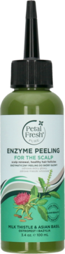 Petal Fresh Pure enzymatyczny peeling do skóry głowy, zielona butelka z czarnym aplikatorem, widok z przodu.