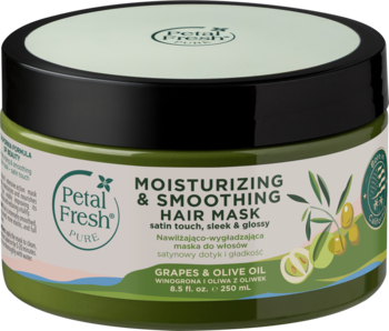 Maska Petal Fresh Pure Nawilżająca & Wygładzająca z oliwą, zielony słoik z grafiką winogron i oliwek, widok z przodu.