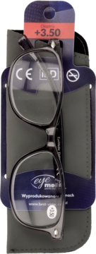 Czarne okulary do czytania o mocy +3.50 w etui, w przezroczystym opakowaniu, widok z przodu.