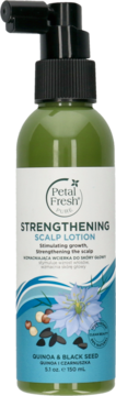 Zielona butelka Petal Fresh Pure Strengthening Scalp Lotion Quinoa & Black Seed z czarnym dozownikiem, widok z przodu.