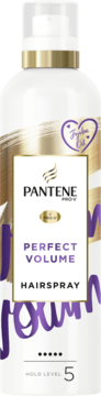 Biały lakier do włosów Pantene Perfect Volume w puszce, złoto-fioletowe detale. Widok z przodu, utrwalenie 5.