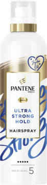Biały lakier Pantene Ultra Strong Hold Hairspray w butelce, widok z przodu, złoto-niebieska etykieta.