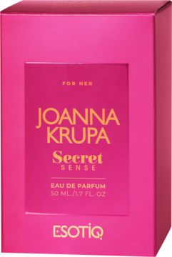 Perfumy Joanna Krupa Secret Sense 50ml w różowym pudełku z ciemniejszym panelem i napisami, widok z przodu.