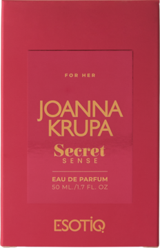 Ciemnoróżowe pudełko perfum Joanna Krupa Secret Sense 50ml FOR HER, złote napisy i logo ESOTIQ, widok frontalny.