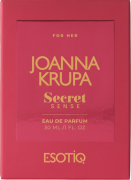Różowe pudełko perfum Joanna Krupa Secret Sense EDP 30 ml z złotym napisem, widok z przodu.