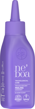 Fioletowy peeling kwasowy Neboa Trichological Care do skóry głowy, widok z przodu. Etykieta z napisem 98% Natural i Vegan.