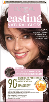 L'ORÉAL PARIS CASTING NATURAL GLOSS ,farba do włosów, półtrwała, nr 323 Czekoladowy Ciemny Brąz,przód