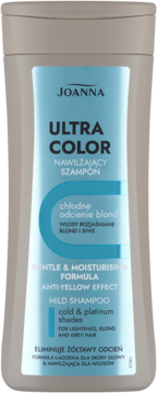 JOANNA Ultra Color ,szampon do włosów rozjaśnianych i siwych, nawilżający, eliminujący żółtawy odcień, Chłodne Odcienie Blond, niebieski,przód
