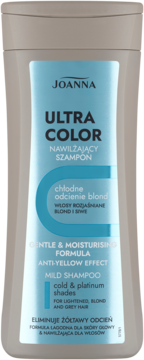 Szampon Joanna Ultra Color Nawilżający dla chłodnych odcieni blond, szara butelka z niebieską etykietą, widok z przodu.