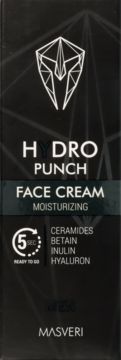 Czarne opakowanie Masveri Hydro Punch Face Cream Moisturizing Men, z białym logo i tekstem.