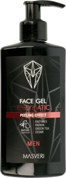 Masveri Face Gel Enzymatic Peeling Effect dla mężczyzn, czarna butelka z pompką, przód, z papają, zieloną herbatą.