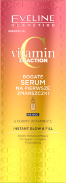 Nocne serum do twarzy Eveline Vitamin C 3X Action na pierwsze zmarszczki. Różowo-żółte opakowanie, widok z przodu.