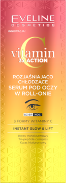 Eveline Cosmetics Vitamin C 3xAction rozjaśniająco-chłodzące serum pod oczy w roll-onie, front pionowego opakowania.