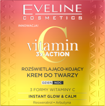 Eveline Vitamin C 3X Action rozświetlająco-kojący krem do twarzy. Opakowanie gradientowe róż-żółć, widok z przodu.
