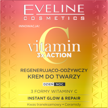 Pudełko Eveline Vitamin C 3x Action, pomarańczowo-żółte, opis Regenerujący Krem Dzień/Noc, Glow & Repair.
