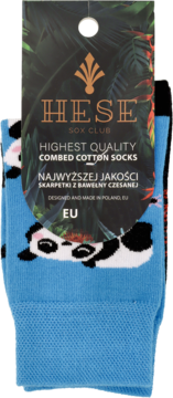 Skarpetki HESE Sox Club z czesaną bawełną, niebieskie z leżącym motywem pandy, widok z przodu.