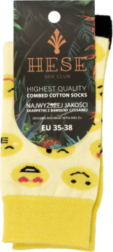 Żółte skarpetki Hese Sox Club z zabawnymi emotikonami, bawełniane, rozmiar EU 35-38, widok z przodu z metką.