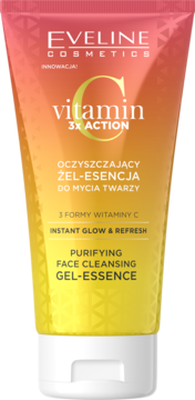 Oczyszczający żel-esencja Eveline Vitamin C 3x Action w pomarańczowo-żółtej tubce, widok z przodu.