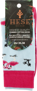 HESE Sox Club, najwyższej jakości skarpety z czesanej bawełny, jasnoniebieskie z flamingami, rozm. EU 35-38.