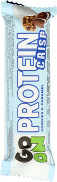 Pionowy widok: baton GO ON Protein Crisp Cookies & Caramel w biało-niebieskim opakowaniu.