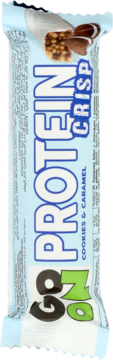 Pionowy widok: baton GO ON Protein Crisp Cookies & Caramel w biało-niebieskim opakowaniu.